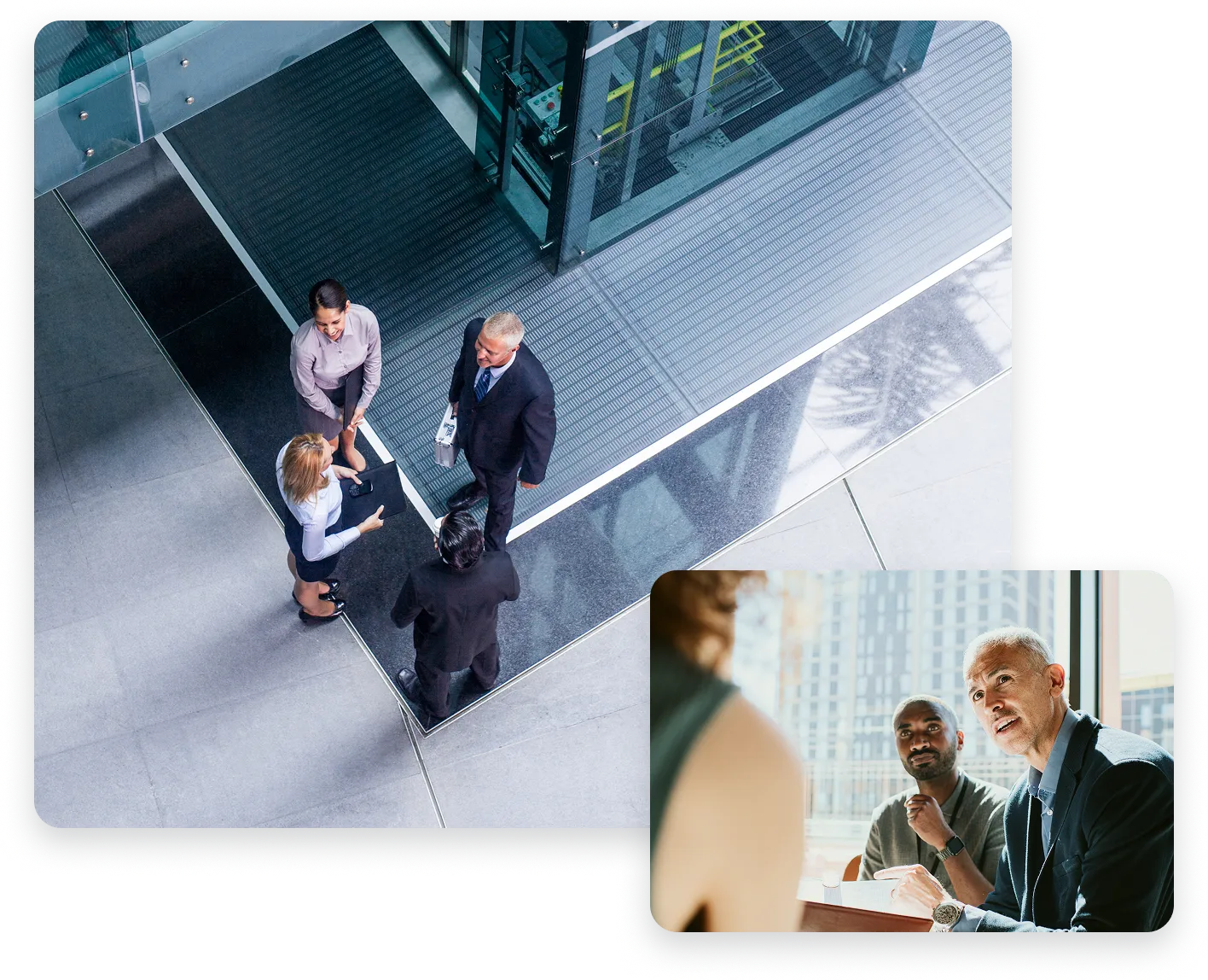 Colleagues talking in a building lobby, seen from above, with an inset photo of a team meeting.