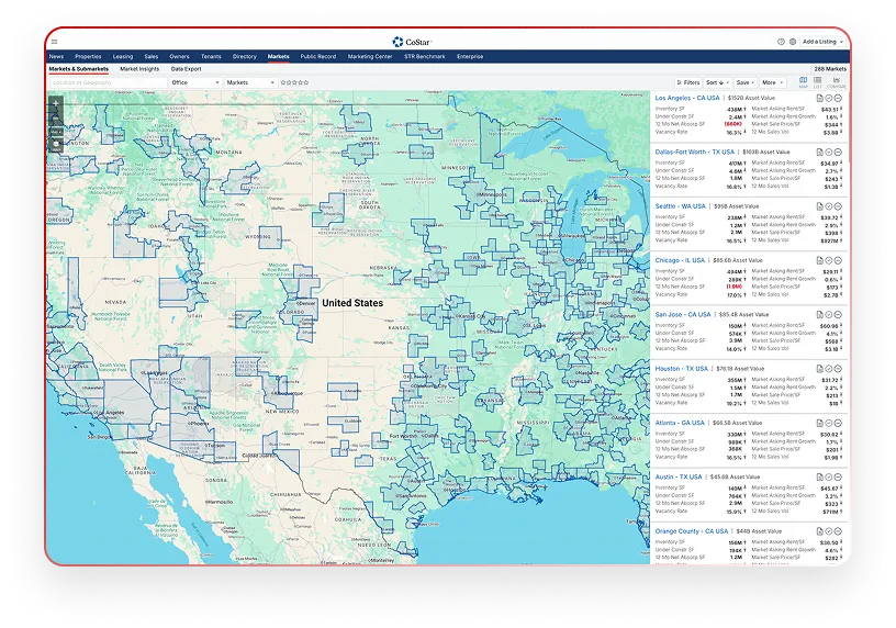 CoStar Markets screen showing a US map with outlined submarkets beside a list of metro markets and their asset value and vacancy metrics.