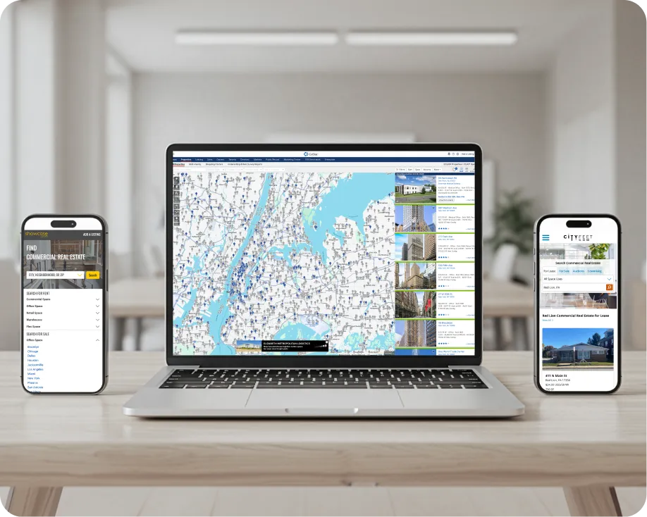 Laptop showing a CoStar property search with a map of listing pins, flanked by two phones displaying the Showcase and CityFeet commercial real estate search screens.