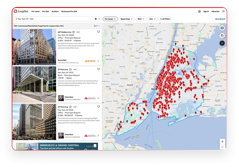 LoopNet search results for New York lease listings beside a map covered in red property pins.